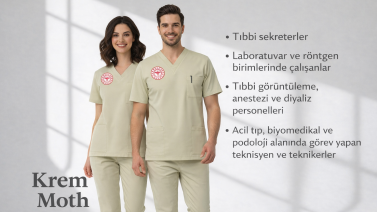 Krem Moth Teknisyen–Tekniker ve Tıbbi Sekreter Forması | Likralı Scrubs Takım – Sağlık Bakanlığı Renk Standartlarına Uygun