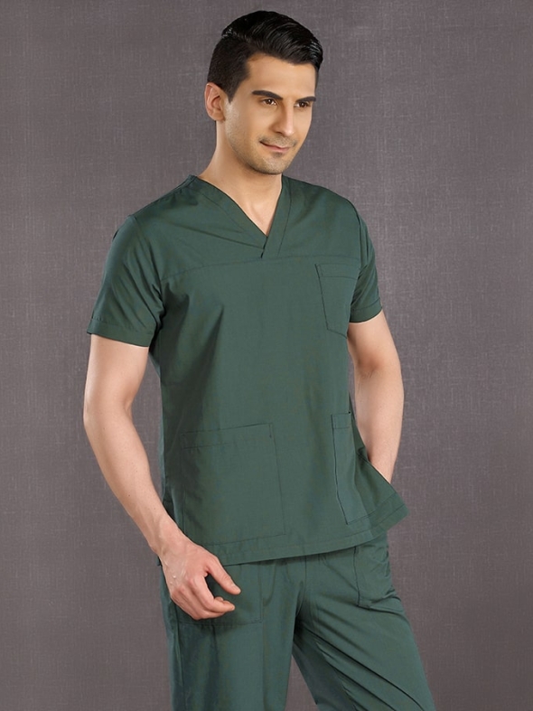 Avcı Yeşili Klasik Doktor Hemşire Medikal Scrubs Takım Terikoton Kumaş