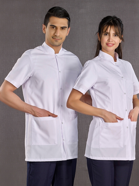 White Mandarin Collar Women's Short Sleeve Lab Coat Alpaca Fabric
