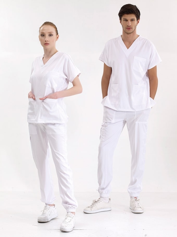 Beyaz Jogger Doktor Hemşire Medikal Scrubs Takım Lüks Likralı Kumaş