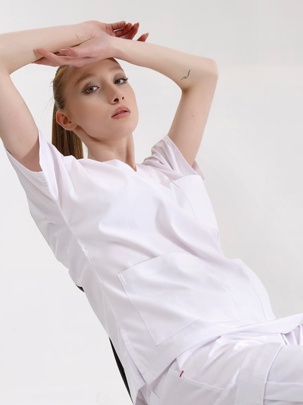 Beyaz Jogger Doktor Hemşire Medikal Scrubs Takım Lüks Likralı Kumaş