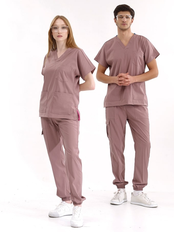 Gül Kurusu Jogger Doktor Hemşire Medikal Scrubs Takım Lüks Likralı Kumaş