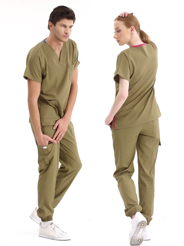 Haki Jogger Doktor Hemşire Medikal Scrubs Takım Lüks Likralı Kumaş