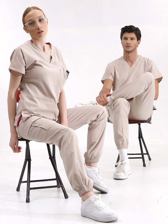 Krem Jogger Doktor Hemşire Medikal Scrubs Takım Lüks Likralı Kumaş