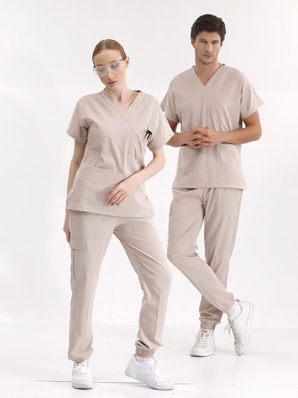 Krem Jogger Doktor Hemşire Medikal Scrubs Takım Lüks Likralı Kumaş