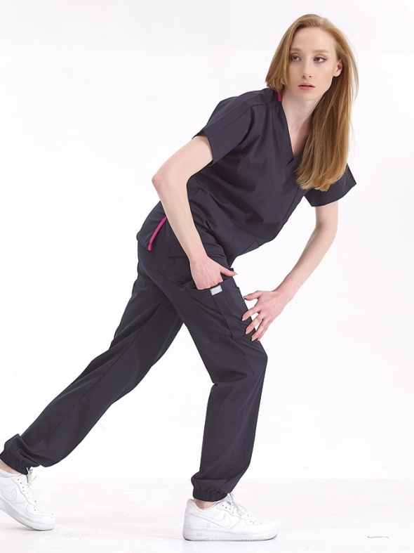 Lacivert Jogger Doktor Hemşire Medikal Scrubs Takım Lüks Likralı Kumaş