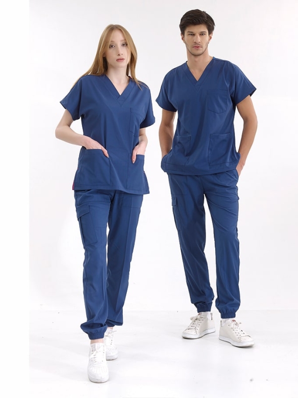 Petrol Mavisi Jogger Doktor Hemşire Medikal Scrubs Takım Lüks Likralı Kumaş