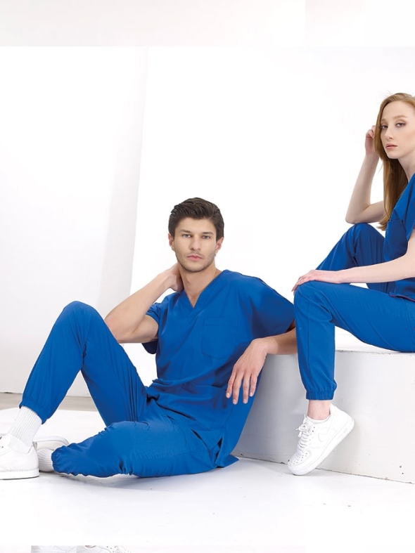 Saks Mavisi Jogger Doktor Hemşire Medikal Scrubs Takım Lüks Likralı Kumaş