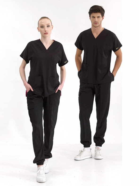 Schwarz Jogger Medizinischer Scrubs Set für Ärzte und Pflege Luxus Lycra-Stoff