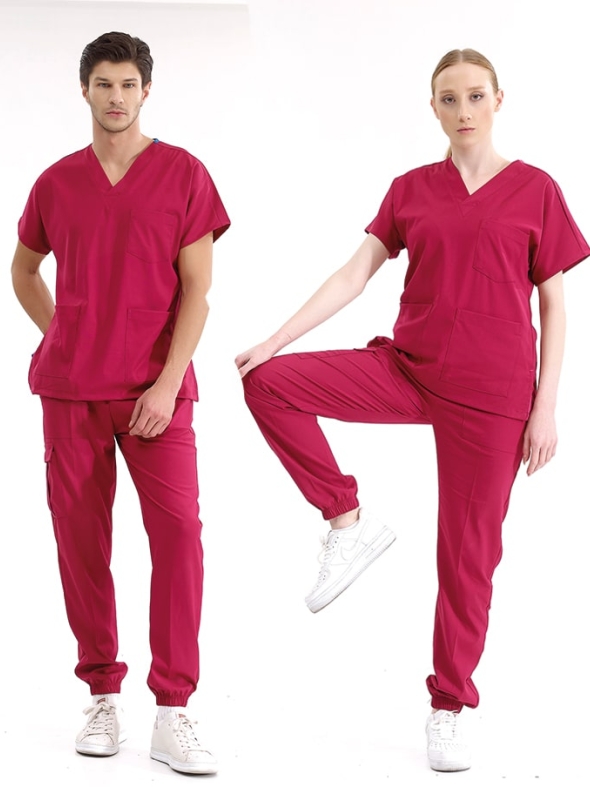 Vişne Jogger Doktor Hemşire Medikal Scrubs Takım Lüks Likralı Kumaş
