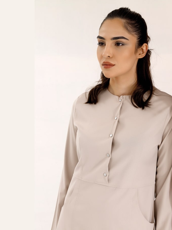 Krem Fermuarlı Tesettür Doktor Hemşire Medikal Scrubs Takım Lüks Likralı Kumaş