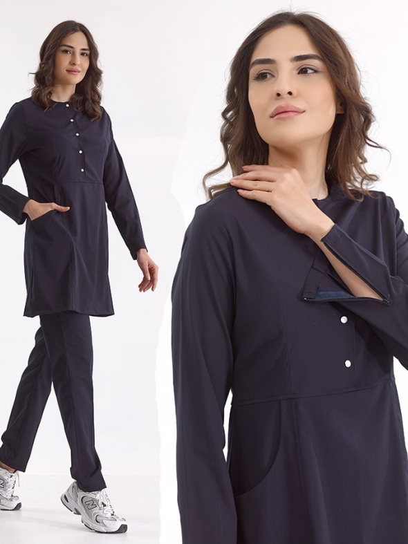 Темно-синий Медицинский Костюм для Хиджаба с Круглым Вырезом и Молниями Ткань Люкс Лайкра