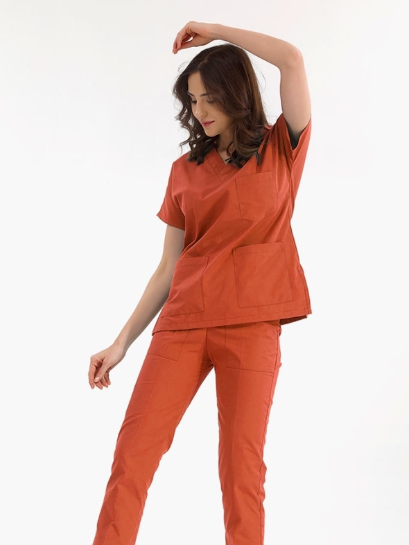 Kiremit Dr. Greys Doktor Hemşire Medikal Scrubs Takım Lüks Likralı Kumaş