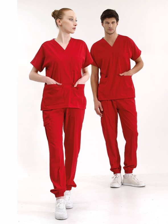 Rot Jogger Medizinischer Scrubs Set für Ärzte und Pflege Luxus Lycra-Stoff
