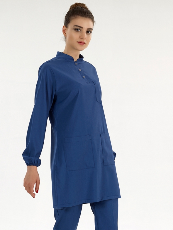 Petrol Mavisi Tesettür Hakim Yaka Doktor Hemşire Medikal Scrubs Takım Lüks Likralı Kumaş