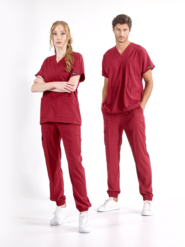 Bordo Jogger Doktor Hemşire Medikal Scrubs Takım Lüks Likralı Kumaş