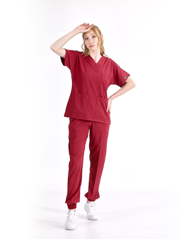 Bordo Jogger Doktor Hemşire Medikal Scrubs Takım Lüks Likralı Kumaş