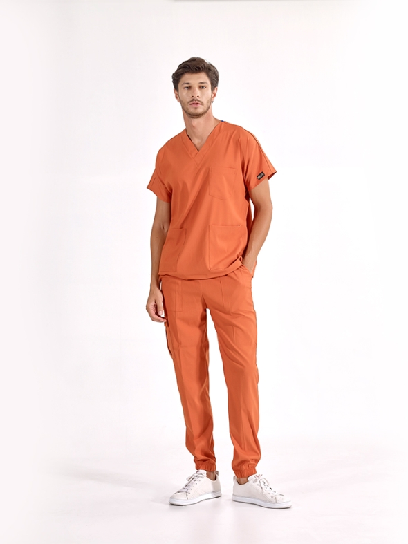 Kiremit Jogger Doktor Hemşire Medikal Scrubs Takım Lüks Likralı Kumaş