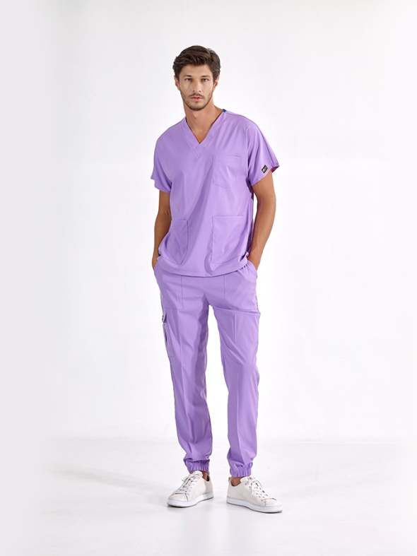 Lila Jogger Doktor Hemşire Medikal Scrubs Takım Lüks Likralı Kumaş