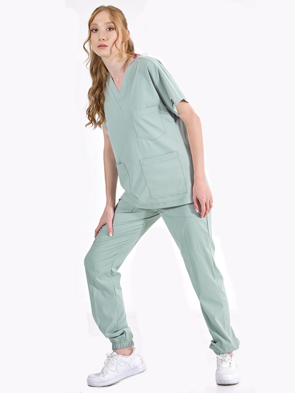 Mint Yeşili Jogger Doktor Hemşire Medikal Scrubs Takım Lüks Likralı Kumaş