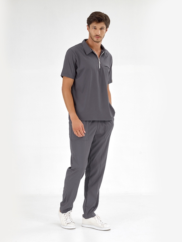 Charcoal Gray Polo Neck Doctor Nurse Medical Scrubs Set Luxury Lycra Fabric