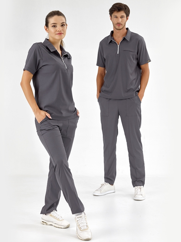 Anthrazit Polo-Kragen Medizinischer Scrubs Set für Ärzte und Pflege Luxus Lycra-Stoff