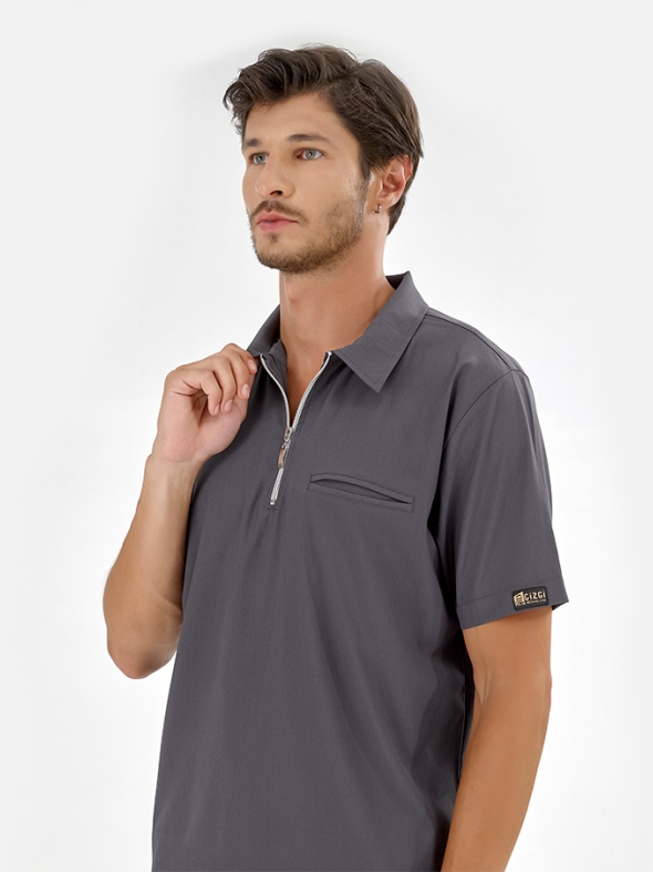 Charcoal Gray Polo Neck Doctor Nurse Medical Scrubs Set Luxury Lycra Fabric