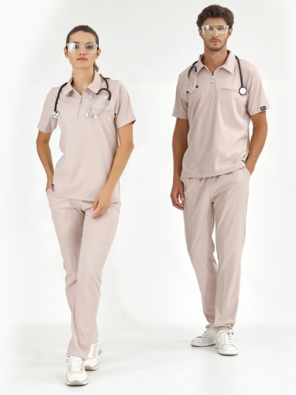 Krem Polo Yaka Doktor Hemşire Medikal Scrubs Takım Lüks Likralı Kumaş