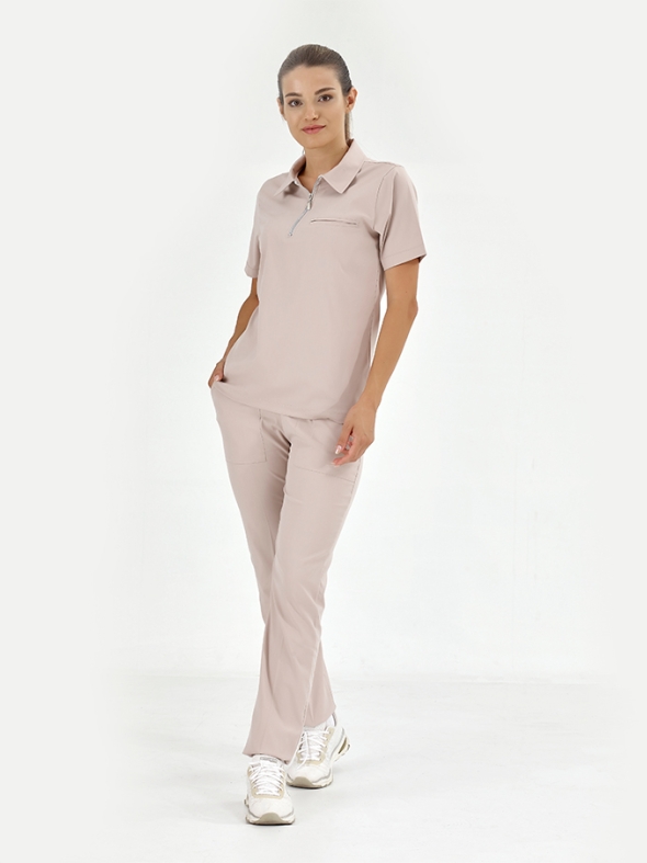 Krem Polo Yaka Doktor Hemşire Medikal Scrubs Takım Lüks Likralı Kumaş