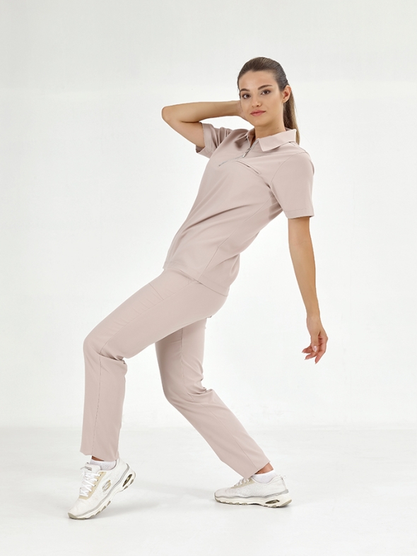 Krem Polo Yaka Doktor Hemşire Medikal Scrubs Takım Lüks Likralı Kumaş