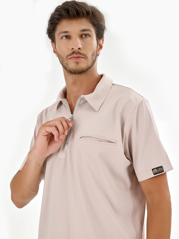 Кремовый Медицинский Костюм с Воротником Поло для Врачей и Медсестер Ткань Люкс Лайкра