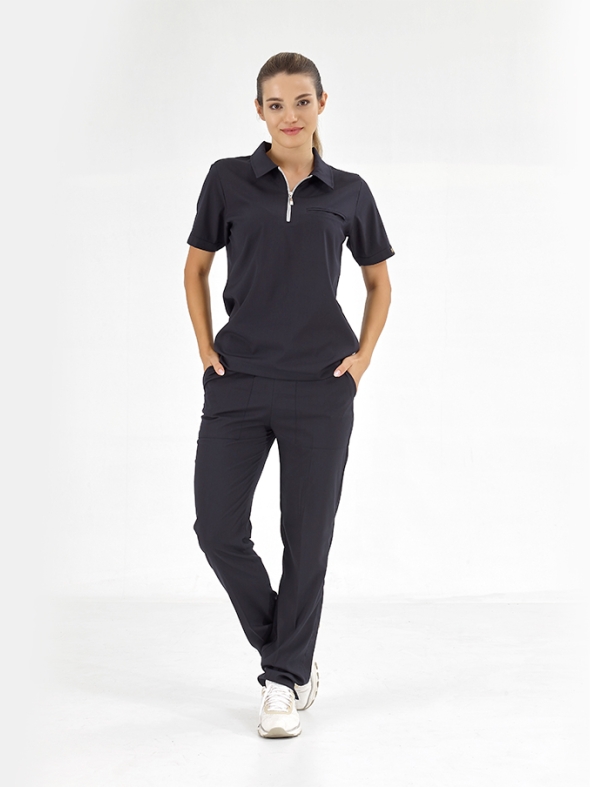 Navy Blue Polo Neck Doctor Nurse Medical Scrubs Set Luxury Lycra Fabric