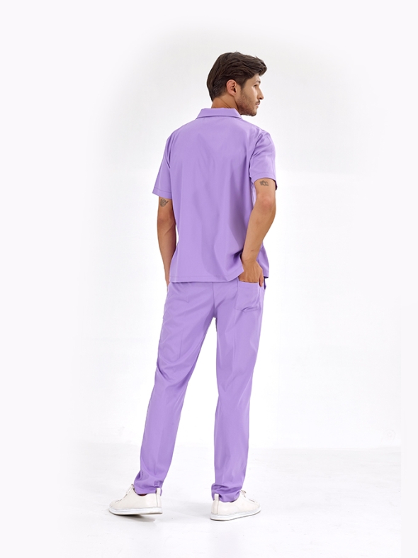 Lila Polo Yaka Doktor Hemşire Medikal Scrubs Takım Lüks Likralı Kumaş