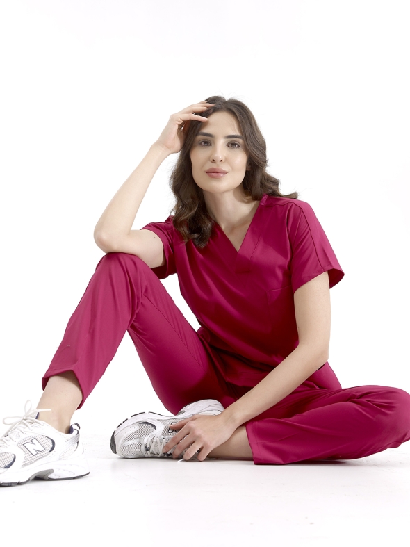 Cherry Red Dr. Greys Doctor Nurse Medical Scrubs Set Luxury Lycra Fabric