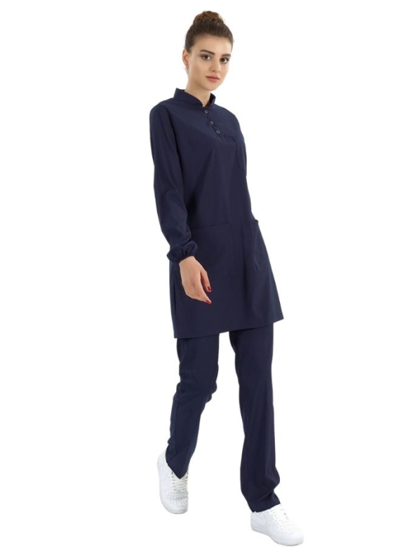 Lacivert Tesettür Hakim Yaka Doktor Hemşire Medikal Scrubs Takım Lüks Likralı Kumaş