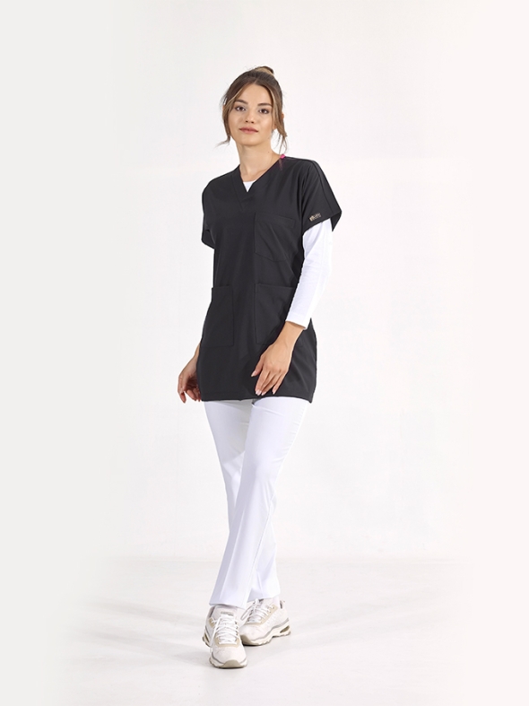 Navy Blue Greys Tunic Length Modest Doctor Nurse Medical Scrubs Top Luxury Lycra Fabric