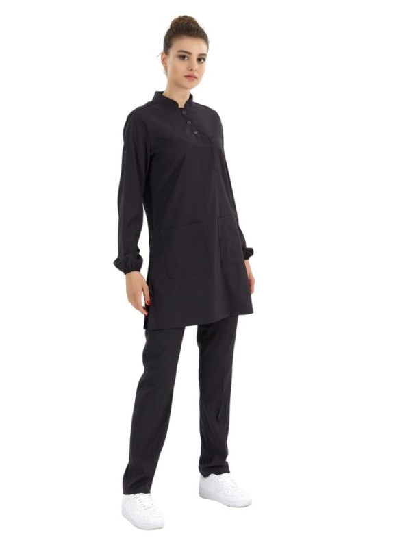 Черный Медицинский Костюм с Воротником-Стойкой для Хиджаба Ткань Люкс Лайкра