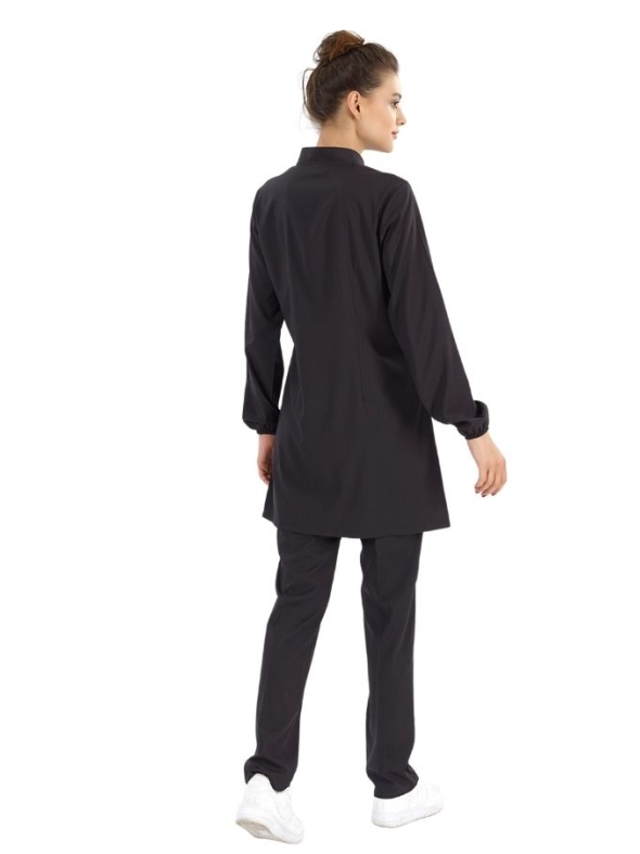 Siyah Tesettür Hakim Yaka Doktor Hemşire Medikal Scrubs Takım Lüks Likralı Kumaş