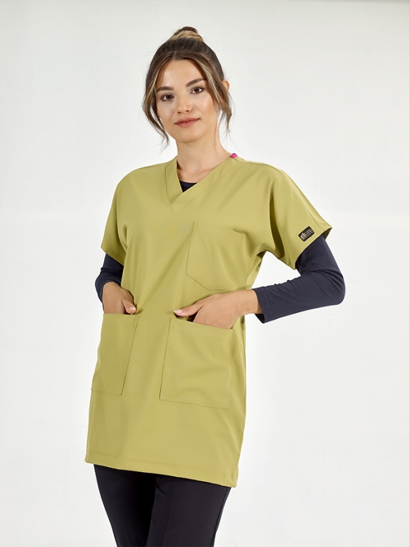 Antep Fıstığı Greys Tunik Boy Tesettür Doktor Hemşire Medikal Forma Tek Üst Lüks Likralı Kumaş