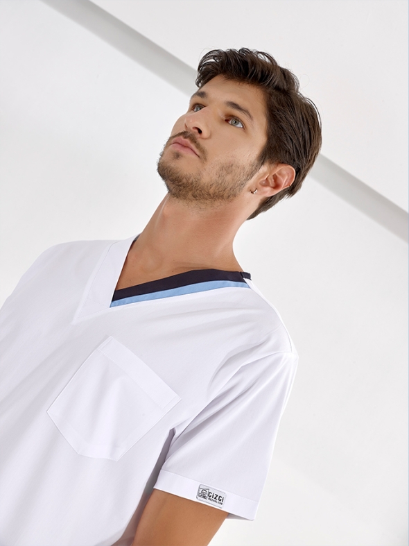 Светло-синий-Темно-синий Медицинский Верх с Двойным Воротником Ткань Люкс Лайкра