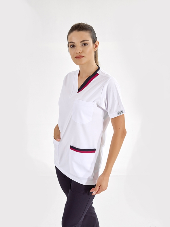 Kirschrot-Marineblau Doppelkragen Medizinischer Kasack Luxus Lycra-Stoff