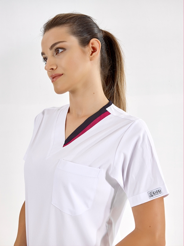 Vişne-Lacivert Çift Yakalı Doktor Hemşire Medikal Forma Tek Üst Lüks Likralı Kumaş