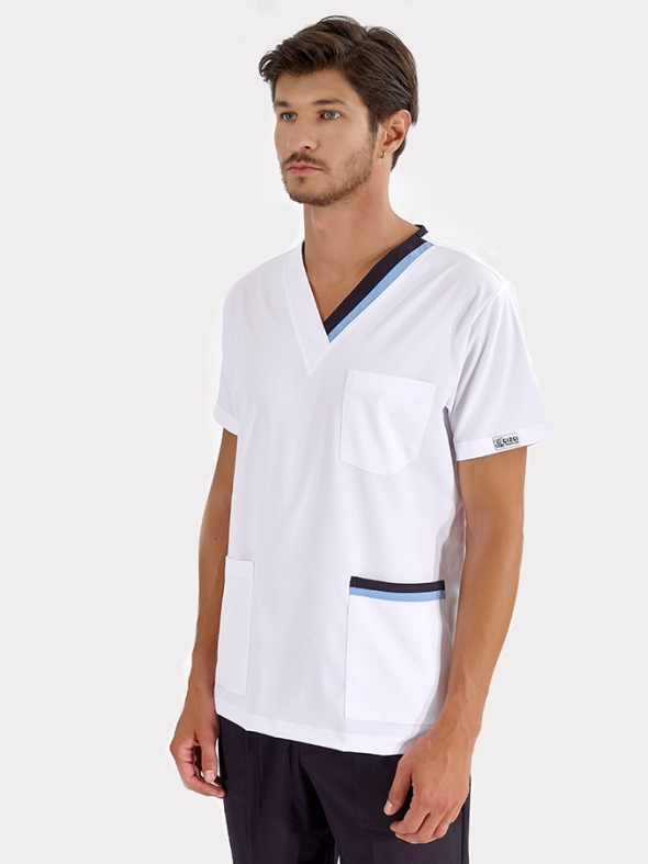 Açık Mavi-Lacivert Çift Yakalı Doktor Hemşire Medikal Forma Tek Üst Lüks Likralı Kumaş