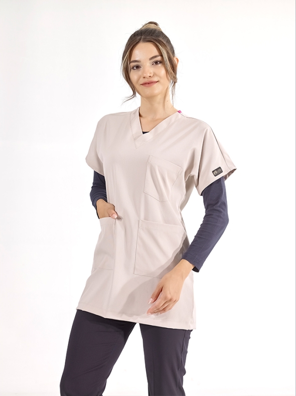 Krem Greys Tunik Boy Tesettür Doktor Hemşire Medikal Forma Tek Üst Lüks Likralı Kumaş