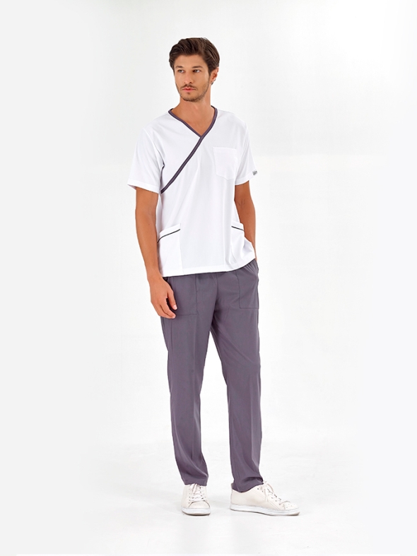 Kurşuni Gri Kruvaze Yaka Doktor Hemşire Medikal Forma Tek Üst Lüks Likralı Kumaş