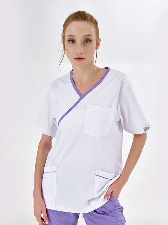 Lila Kruvaze Yaka Doktor Hemşire Medikal Forma Tek Üst Lüks Likralı Kumaş
