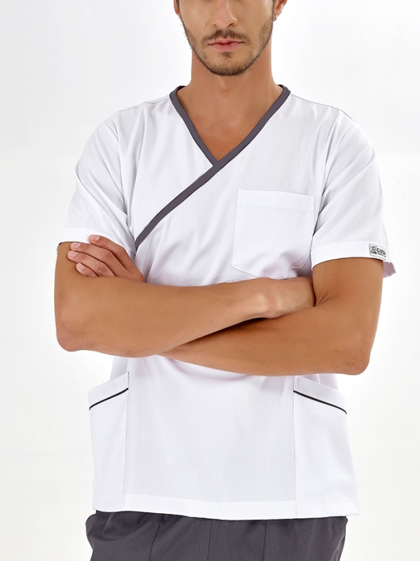 Kurşuni Gri Kruvaze Yaka Doktor Hemşire Medikal Forma Tek Üst Lüks Likralı Kumaş