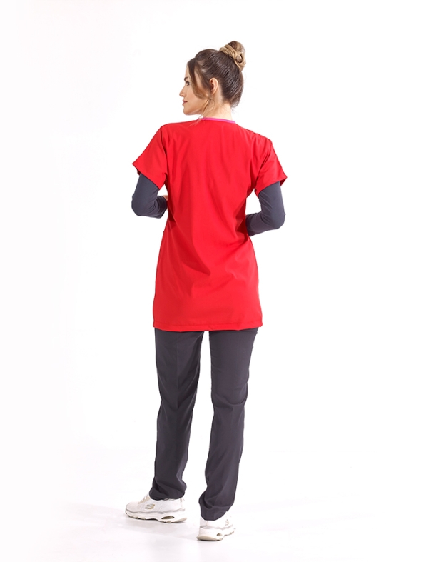 Red Greys Tunic Length Modest Doctor Nurse Medical Scrubs Top Luxury Lycra Fabric