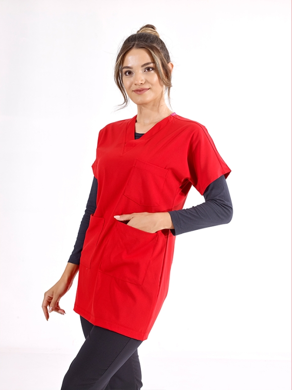Red Greys Tunic Length Modest Doctor Nurse Medical Scrubs Top Luxury Lycra Fabric