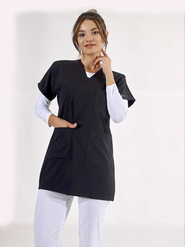 Navy Blue Greys Tunic Length Modest Doctor Nurse Medical Scrubs Top Luxury Lycra Fabric